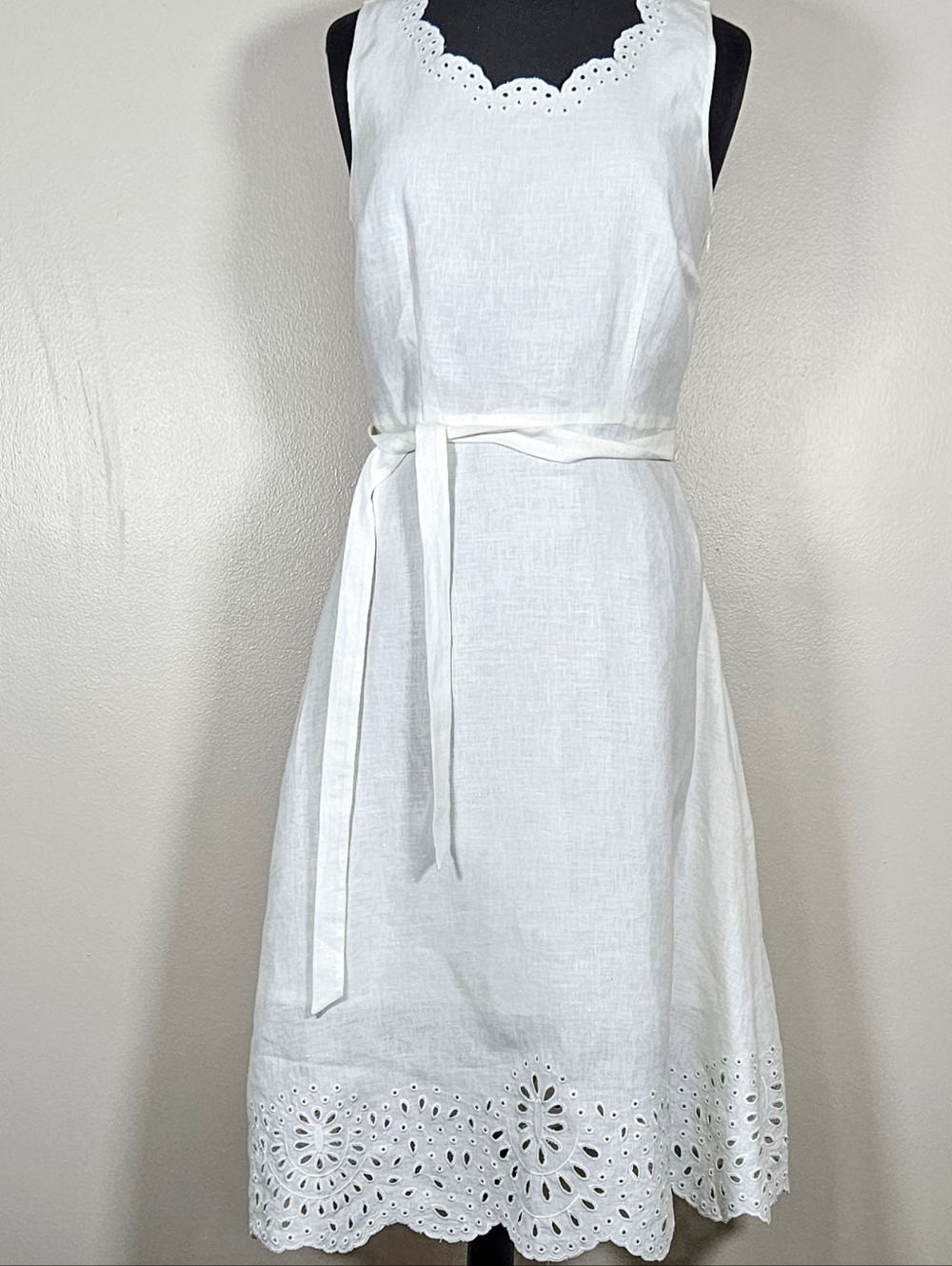 Talbots 💯 Linen Dress Scalloped Eyelet Belted Lined Summer 10